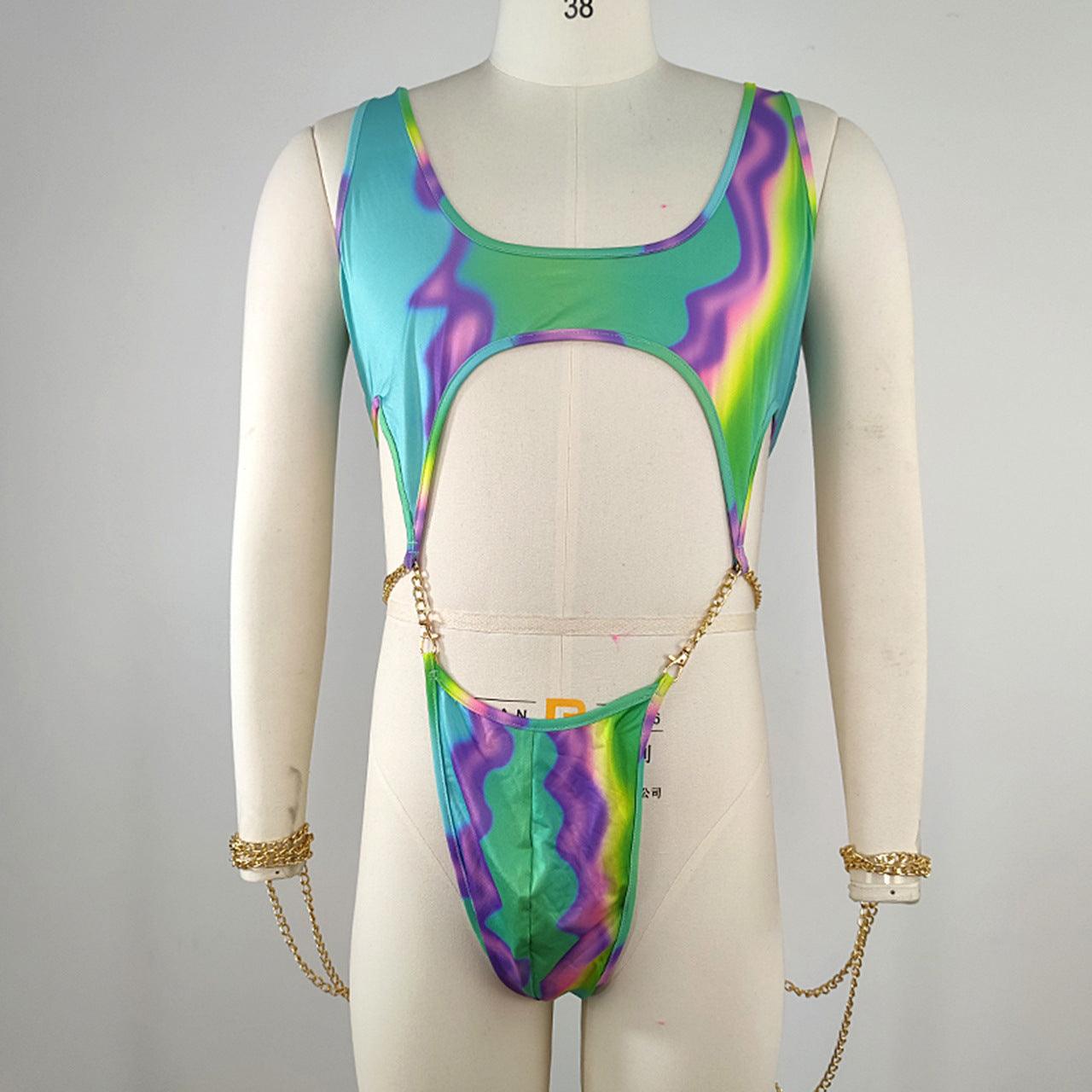 Men's Sexy Colorful Hollow Chain Thong Bodysuit - QQNY012 - YDressup