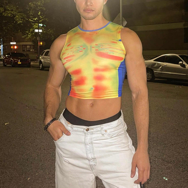 Men's Sexy Rave Party Club Sleeveless Crew Neck Art Print Crop Top - CT003 - YDressup