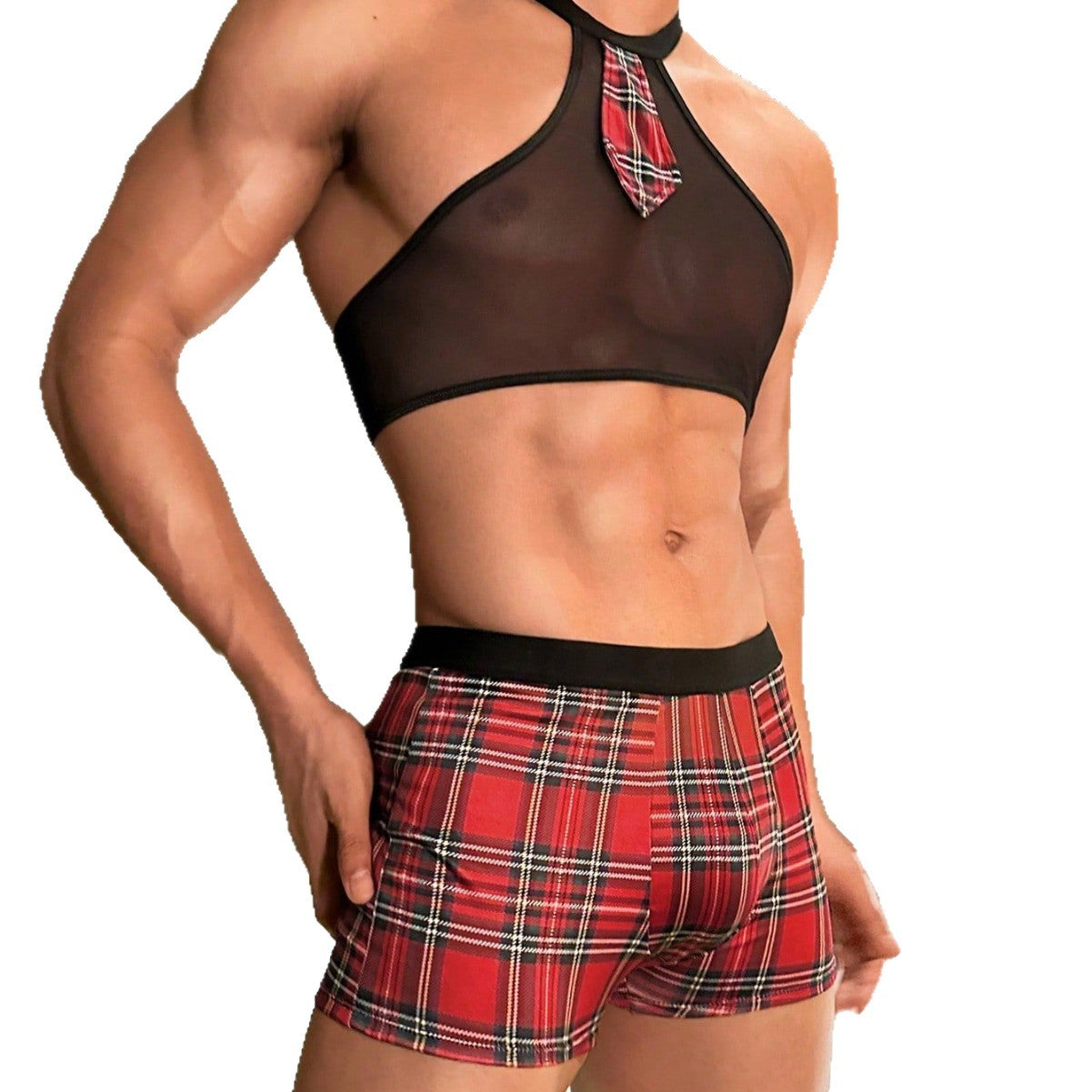 Men's Sexy Roleplay Off-Shoulder Mesh Vest & Plaid Brief Set -QQNY046