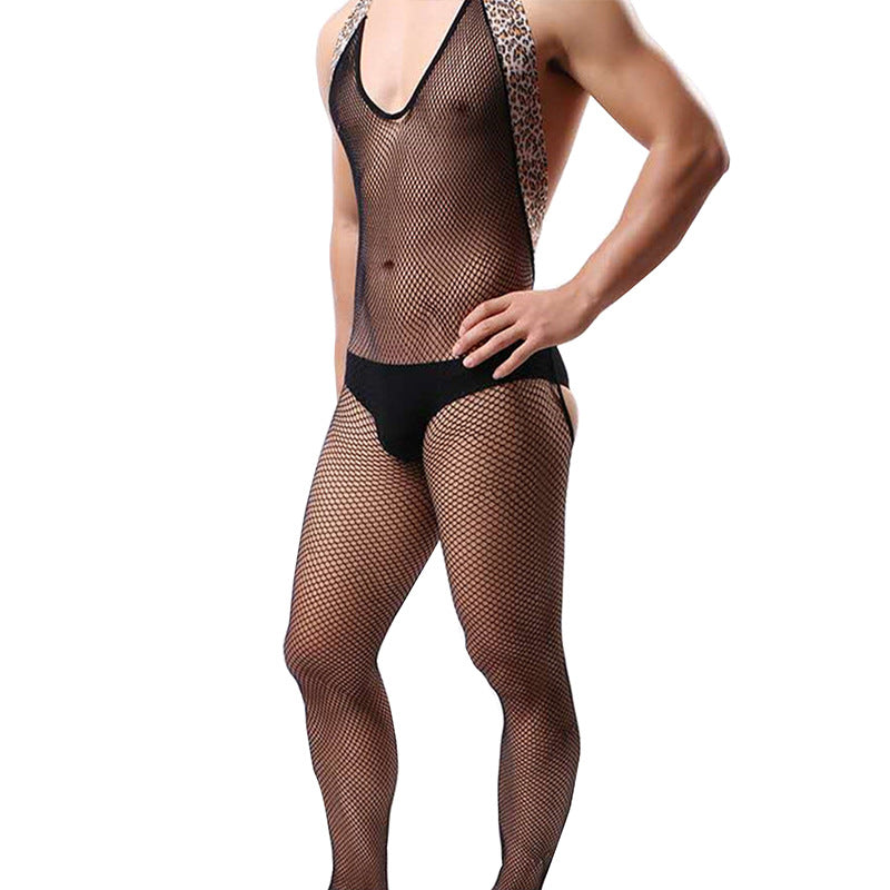 Men's Sexy Leopard Hip-Baring Fishnet Bodysuit - LTW003 - YDressup