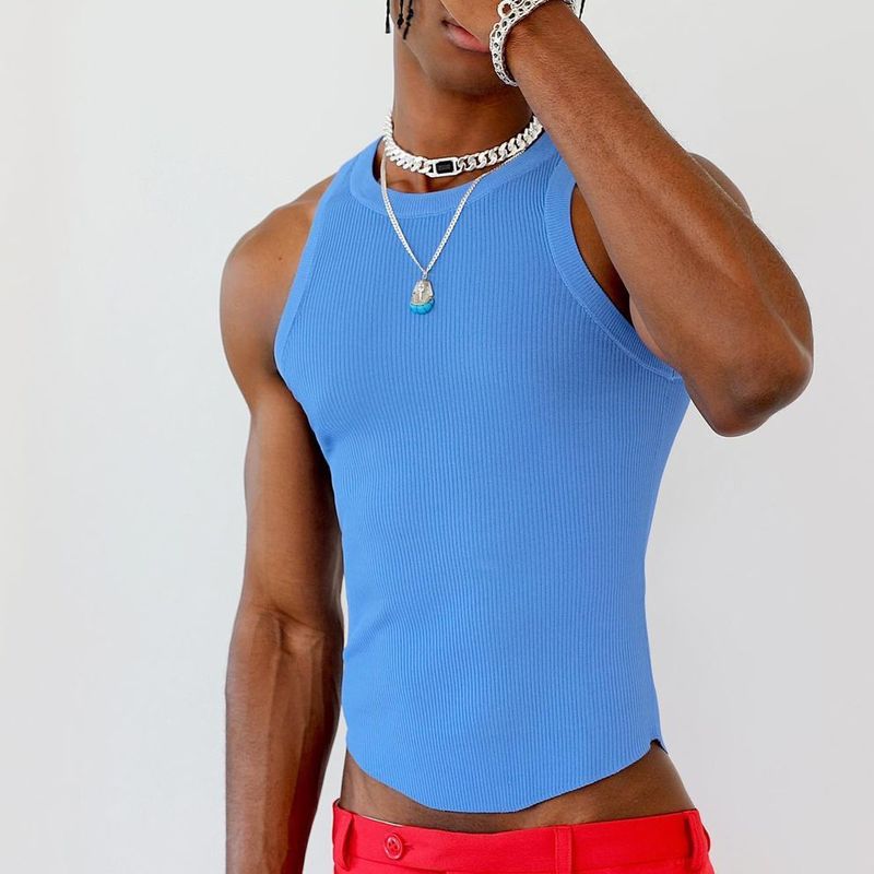 Men's Irregular Design Solid Color Fitted Sleeveless Tank Top - SBS058