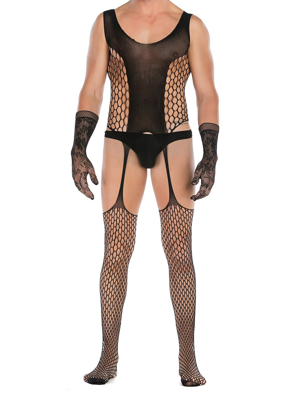 Sexy Open-Crotch Mesh Bodysuit with Lace Gloves - LTW036