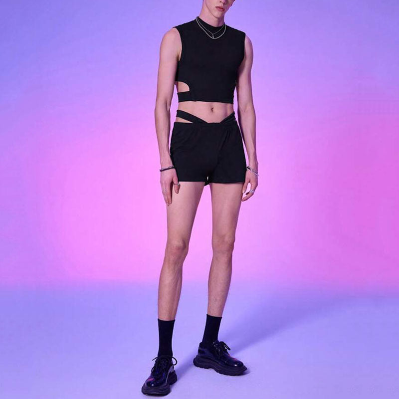 Black Hollow-Out Vest and High-Waisted Shorts Set for Men - CT010 - YDressup