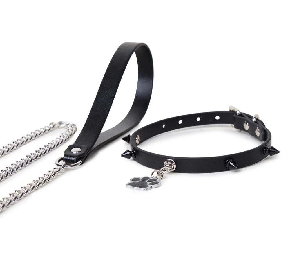 Punk Style Leather BDSM Collar with Studded Dog Paw Tag & Leash - PJ011