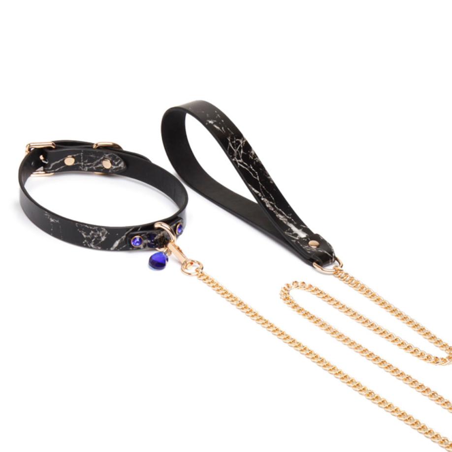 Marble-Patterned Genuine Leather Choker with Pendant & Leash - PJ034 - YDressup