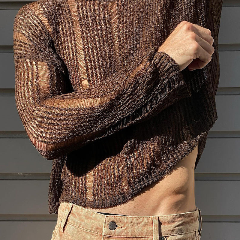 Men's New Fashion Solid Color Mesh Top Knit Slim Long Sleeve Shirt - WS007 - YDressup
