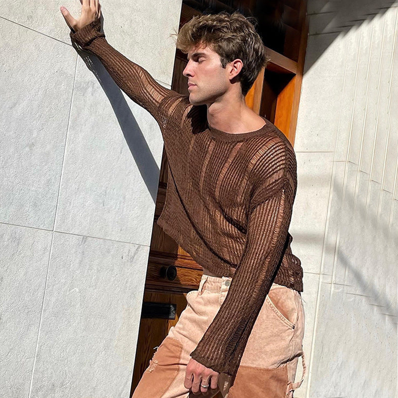 Men's New Fashion Solid Color Mesh Top Knit Slim Long Sleeve Shirt - WS007 - YDressup
