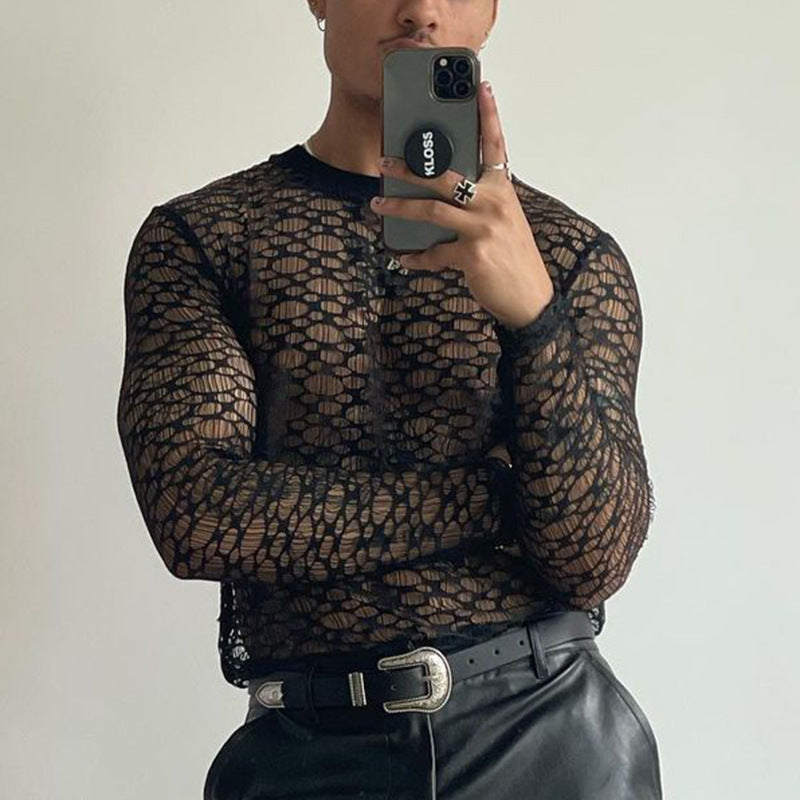 Fit Long Sleeve Lace Hollow Out Slim Black Sheer Top - WS004 - YDressup
