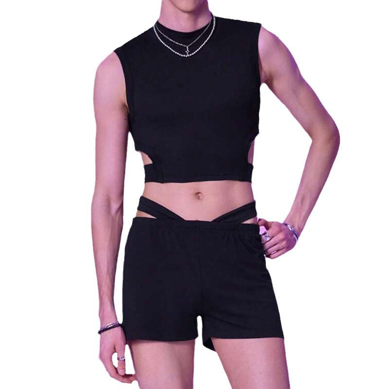 Black Hollow-Out Vest and High-Waisted Shorts Set for Men - CT010 - YDressup