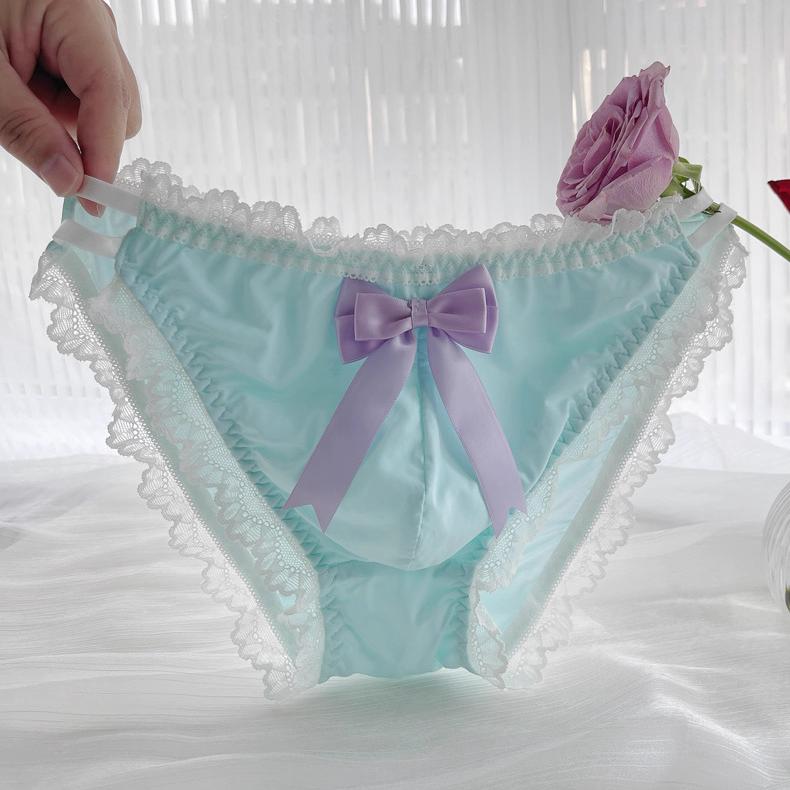 Cute Bow Satin Lace Trim Femboy Panties - FU001