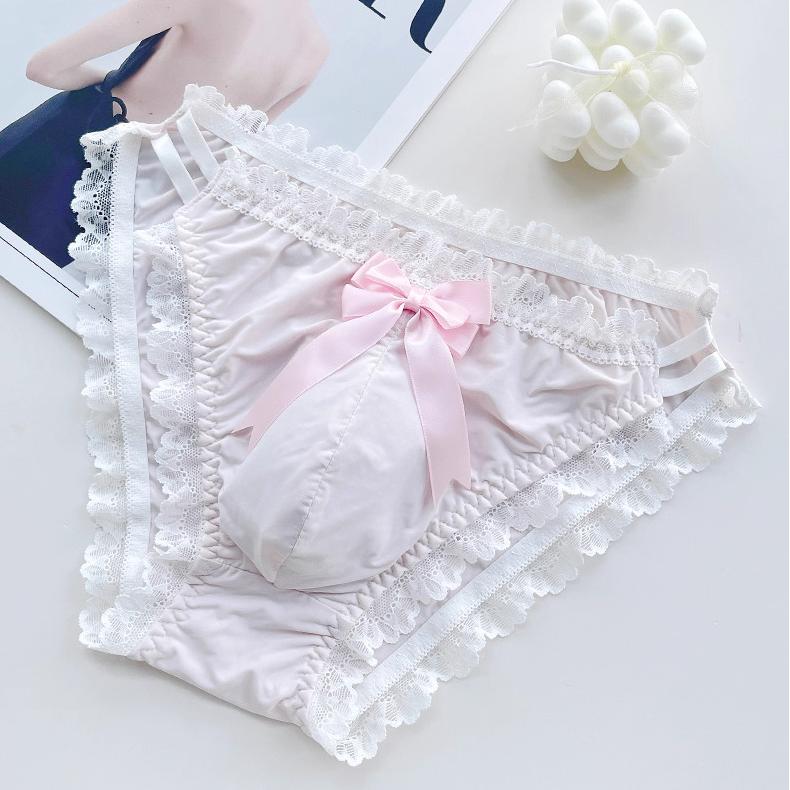 Cute Bow Satin Lace Trim Femboy Panties - FU001