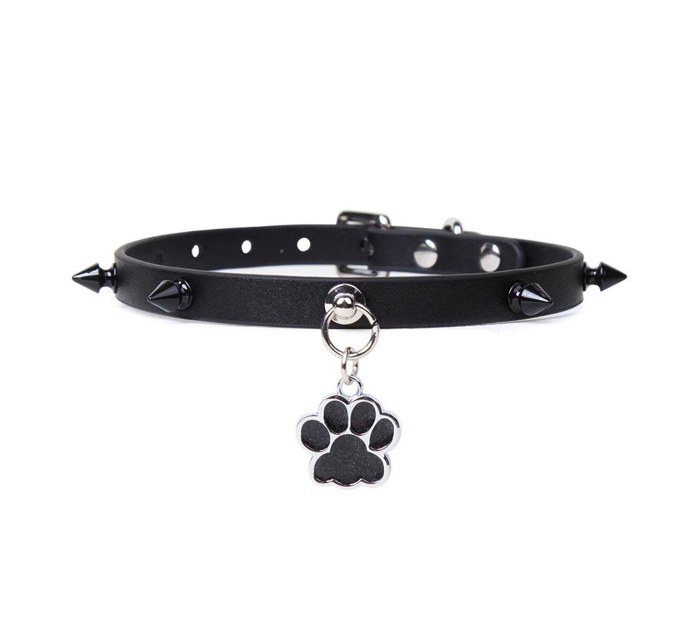 Punk Style Leather BDSM Collar with Studded Dog Paw Tag & Leash - PJ011