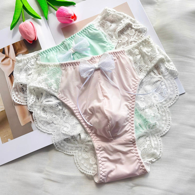 Femboy Lace Bow Triangle Panties with Pouch - FU014