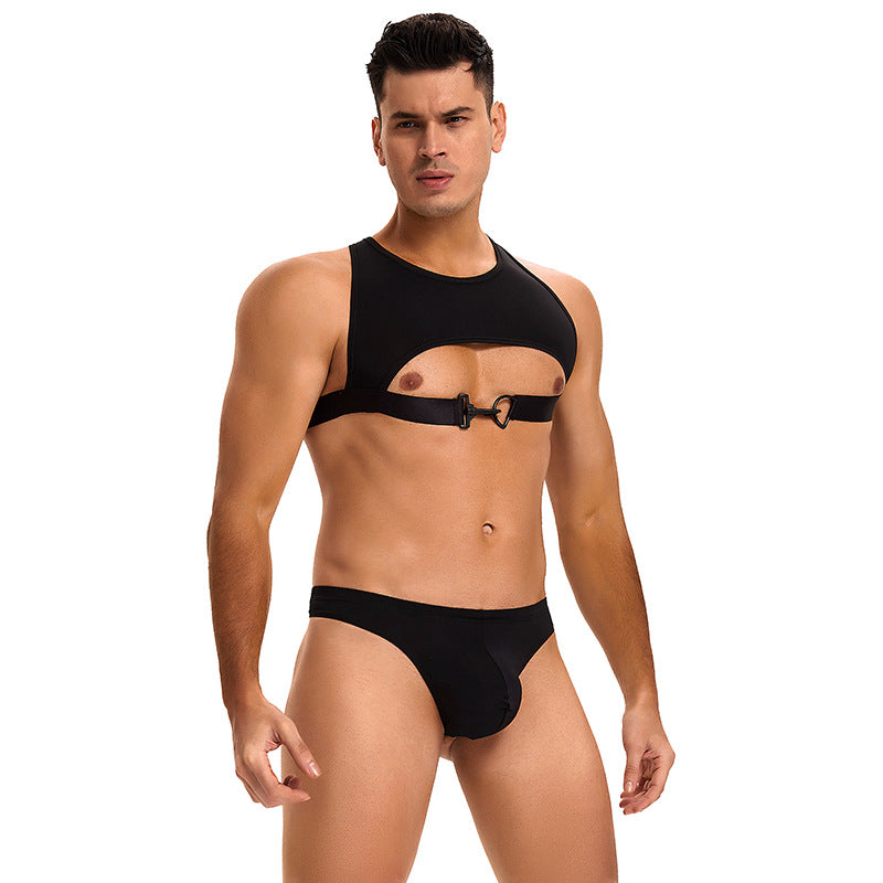 Men's Sexy Uniform Set Black Ice Silk Sling Underwear Two-Piece Set - YNY141