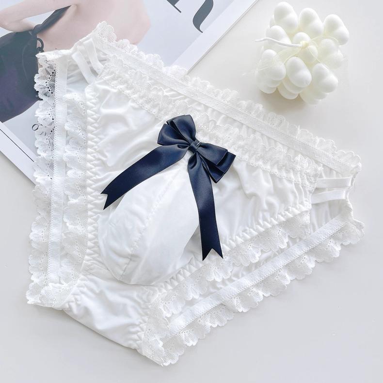 Cute Bow Satin Lace Trim Femboy Panties - FU001