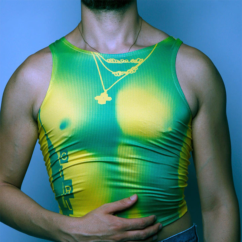 Men's Nightclub Fashion Printed Sleeveless O Neck Straps Short Vest - TT005 - YDressup