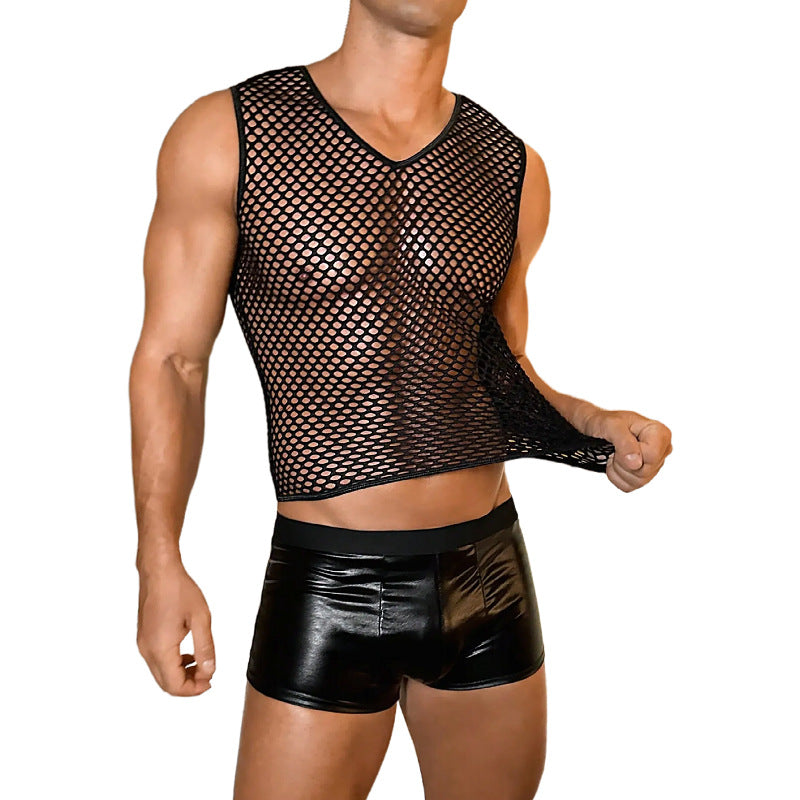 Men's Sexy Mesh Hollow Vest with Tight PU Leather Pants Set - QQNY044
