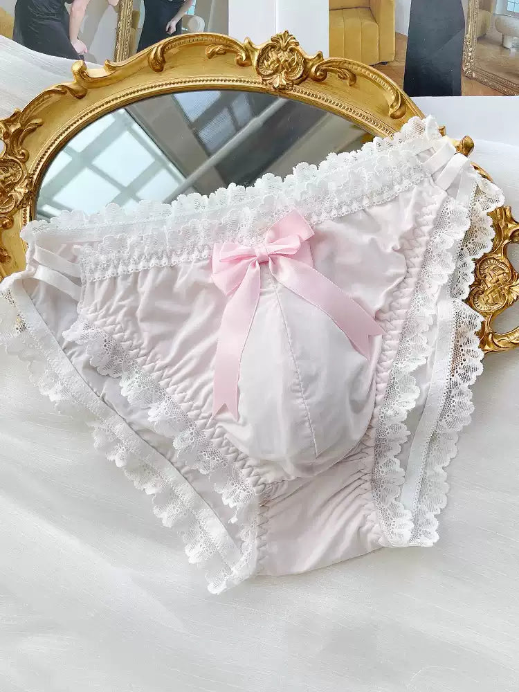 Cute Bow Satin Lace Trim Femboy Panties - FU001