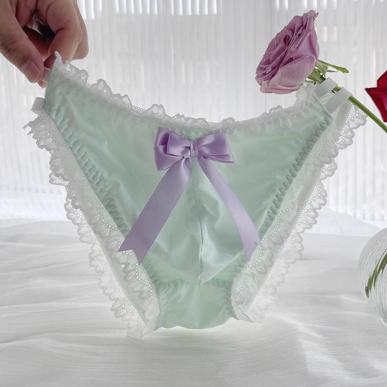 Cute Bow Satin Lace Trim Femboy Panties - FU001