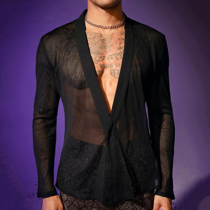 Men's Fashion Black Mesh Transparent Shirt - WS005 - YDressup