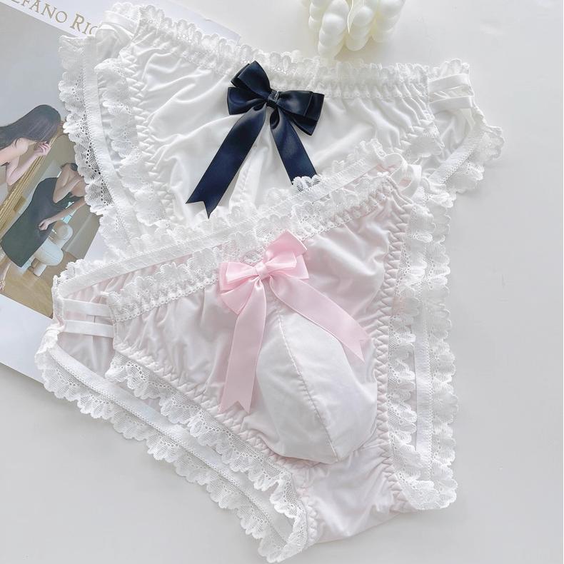 Cute Bow Satin Lace Trim Femboy Panties - FU001