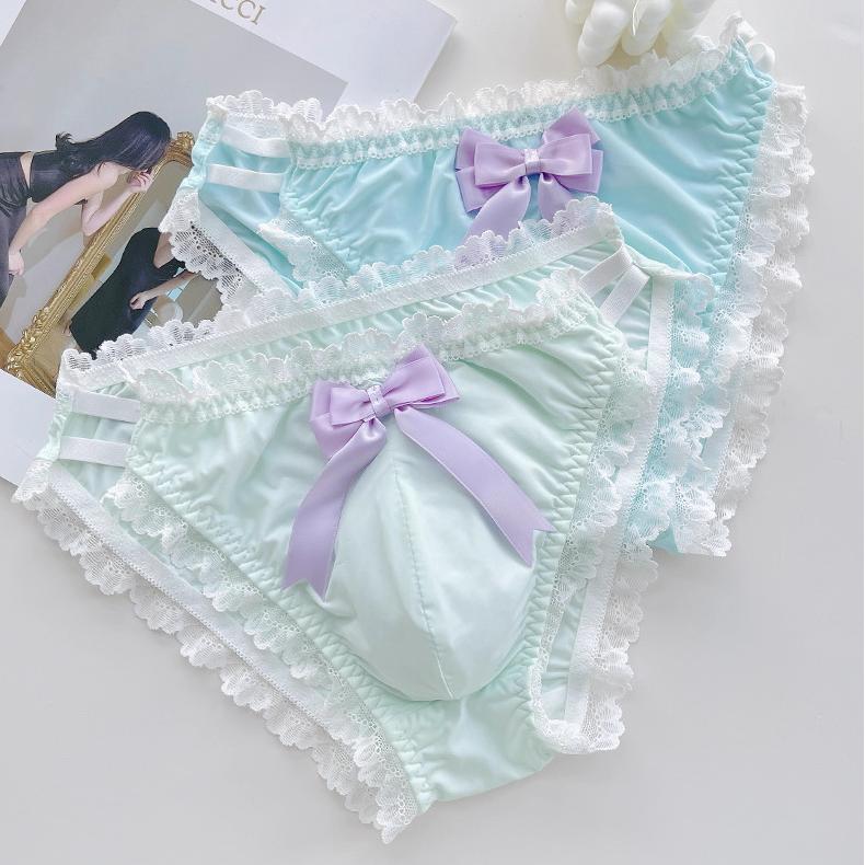 Cute Bow Satin Lace Trim Femboy Panties - FU001