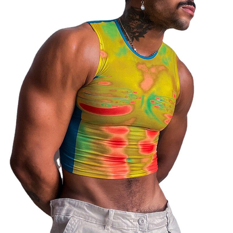 Men's Sexy Rave Party Club Sleeveless Crew Neck Art Print Crop Top - CT003 - YDressup