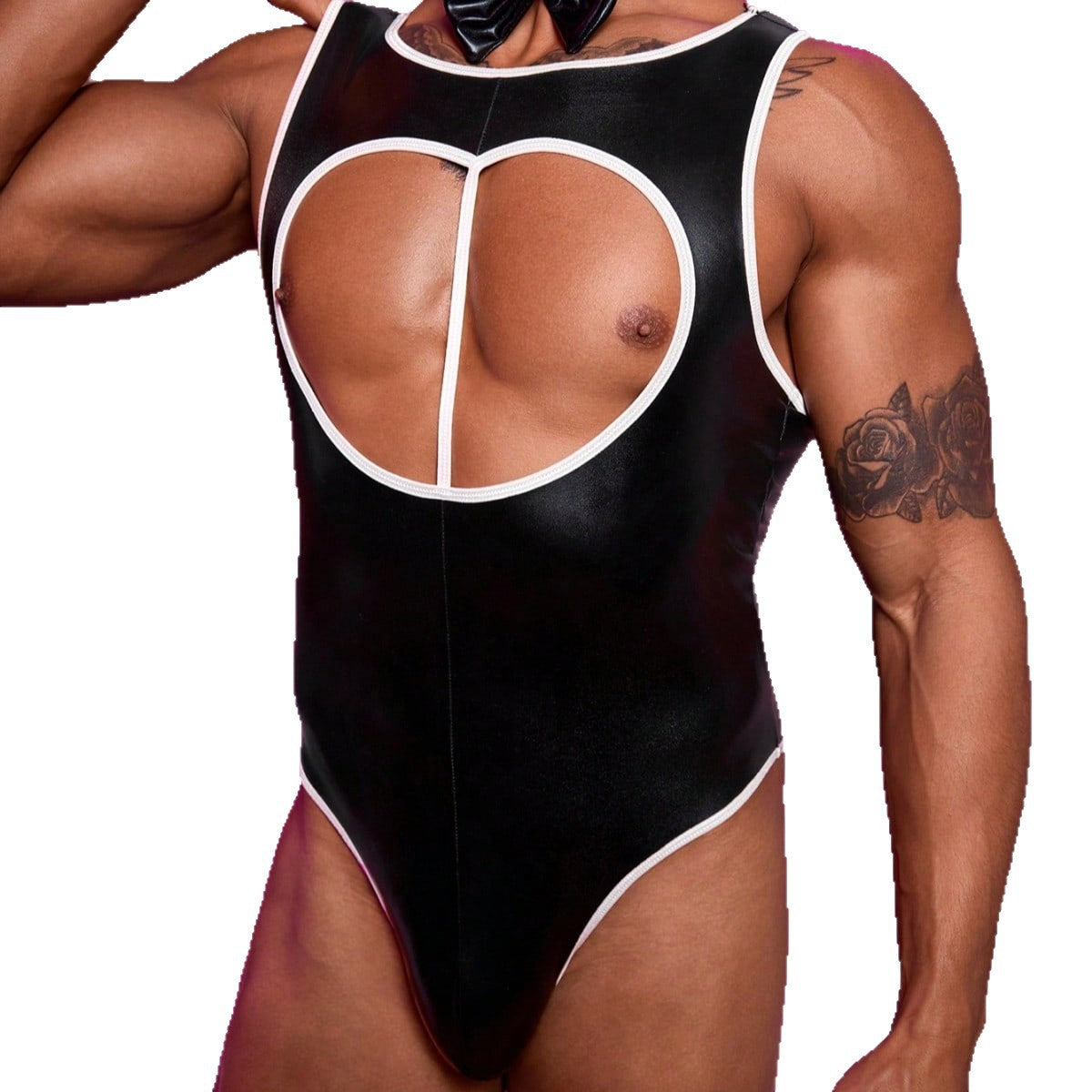 Men's Sexy PU Leather Heart Bodysuit Servant Uniform Set - QQNY038