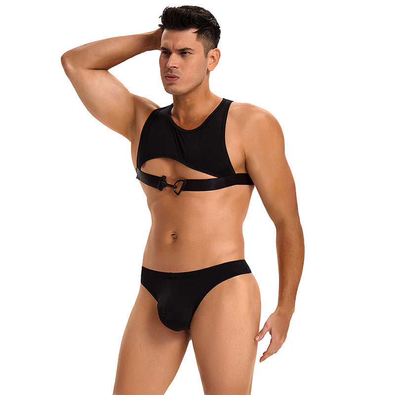 Men's Sexy Uniform Set Black Ice Silk Sling Underwear Two-Piece Set - QQNY021 - YDressup