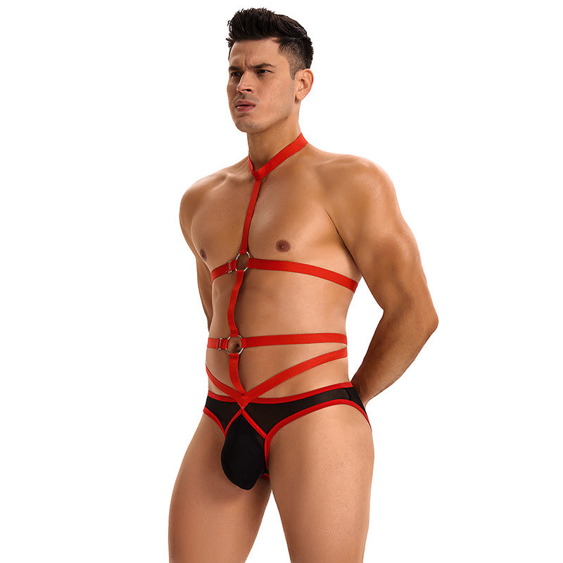 Men's Sexy Bondage U-Convex Pouch Briefs Bodysuit - KB054