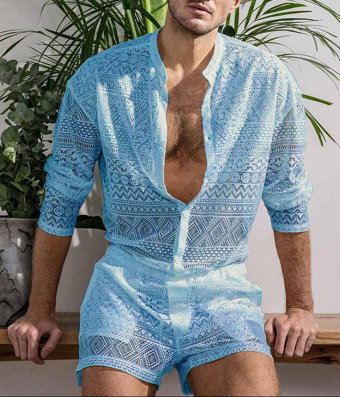 Men's Long-Sleeved Lace Cut-Out Shirt with Casual Shorts Suit - WS019 - YDressup