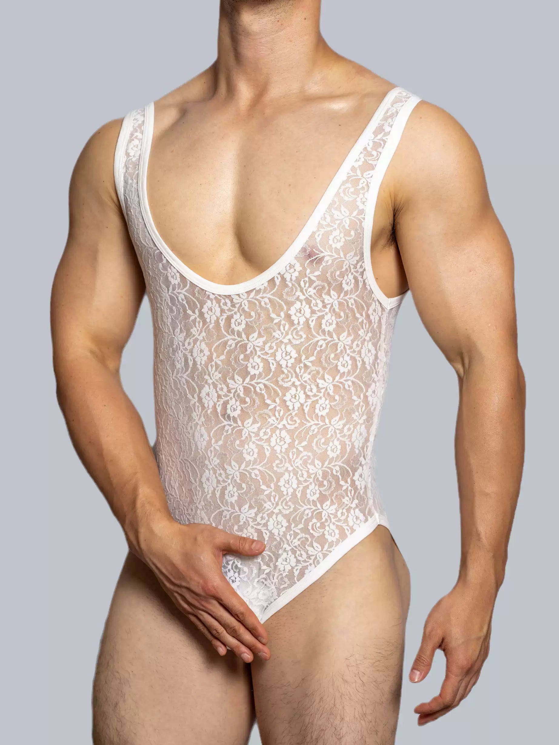 Men's Sheer Mesh Lace Bodysuit - LTY047 - YDressup