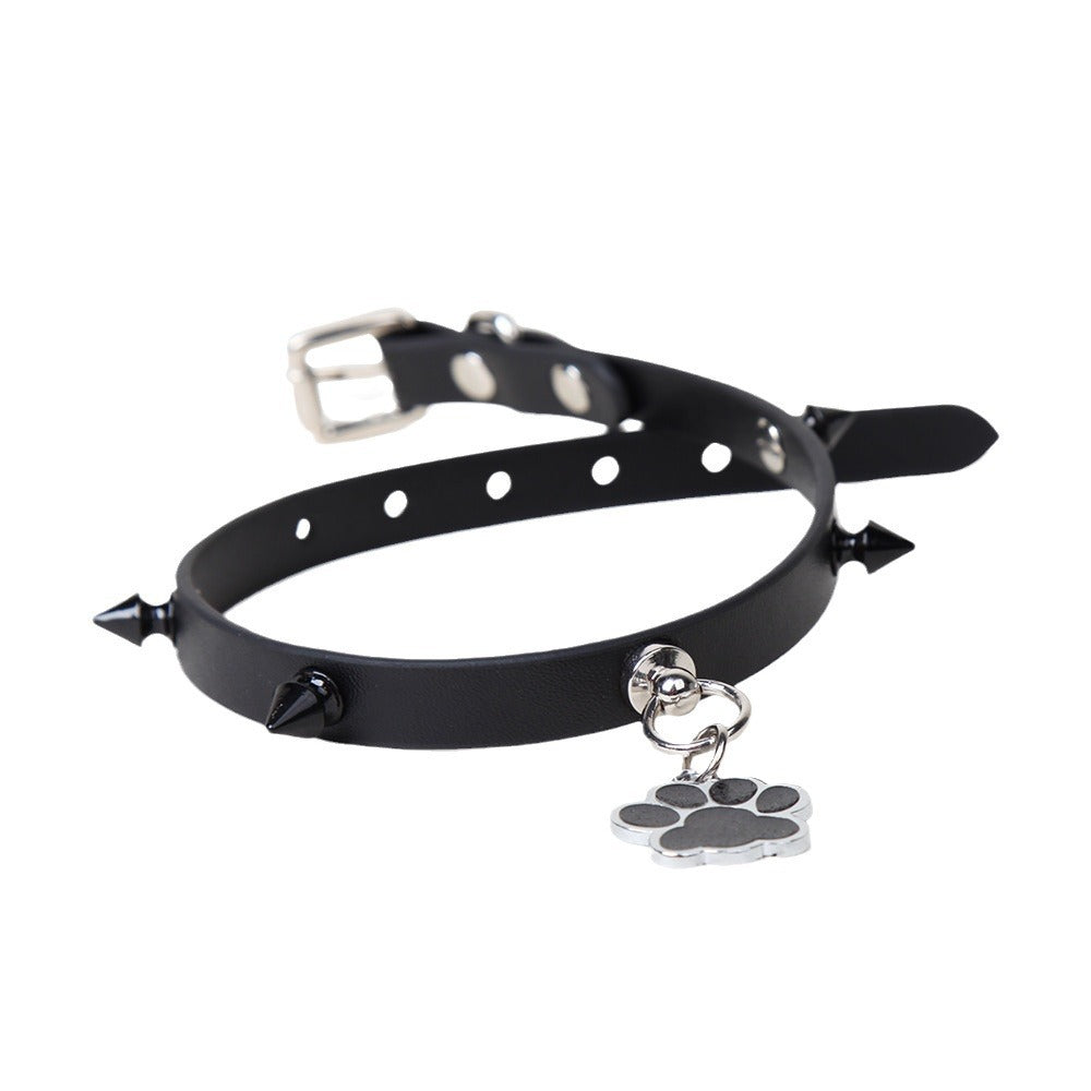 Punk Style Leather BDSM Collar with Studded Dog Paw Tag & Leash - PJ011