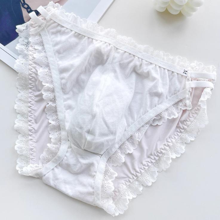 Cute Bow Satin Lace Trim Femboy Panties - FU001