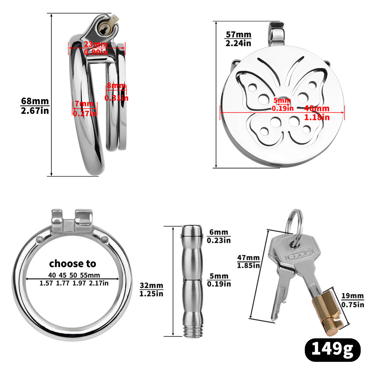 Steel Butterfly Inverted Chastity Cage with Urethral - YJS016
