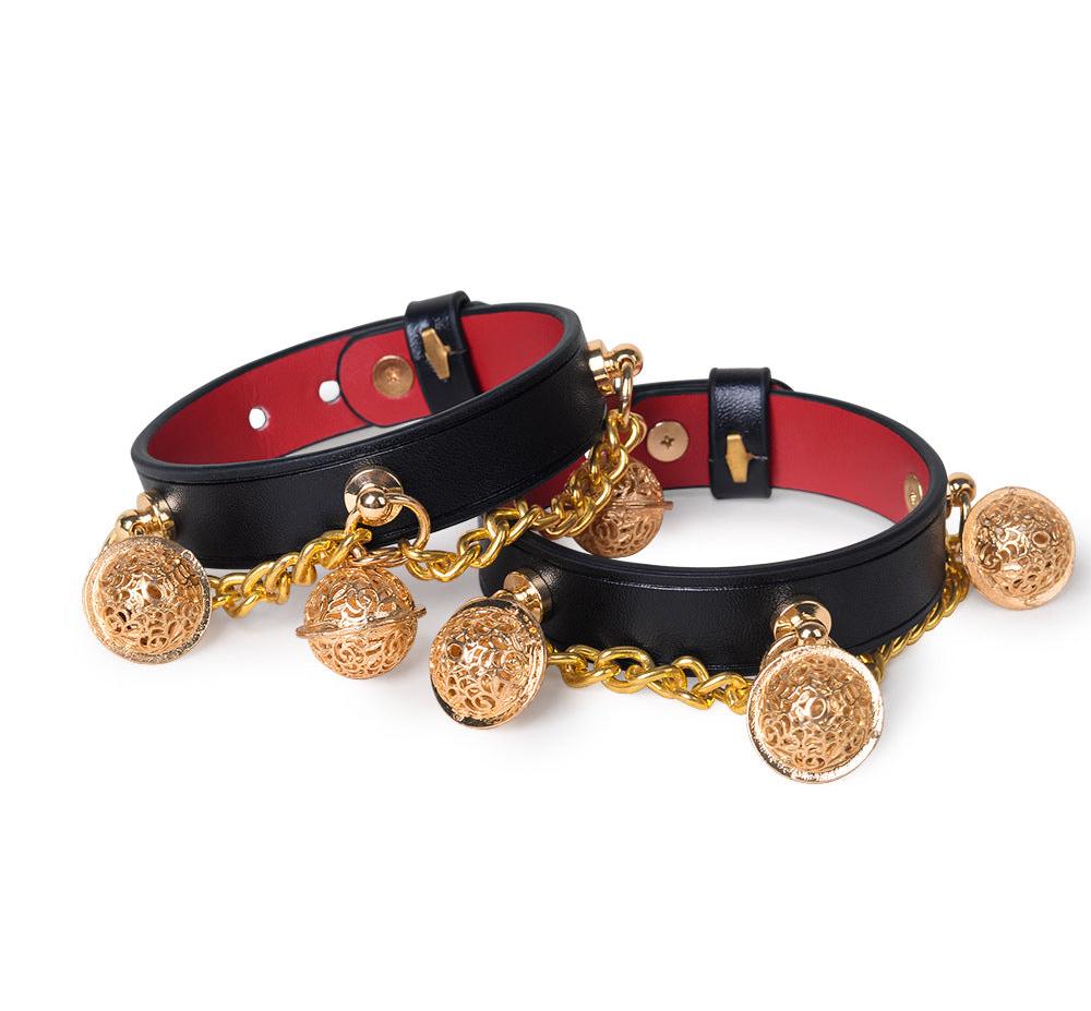 Pu Genuine Leather Cowhide Bell Collar Traction Choker Neck Strap, Handcuffs, Ankle Cuffs - KB052