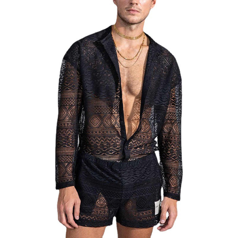 Men's Long-Sleeved Lace Cut-Out Shirt with Casual Shorts Suit - WS019 - YDressup