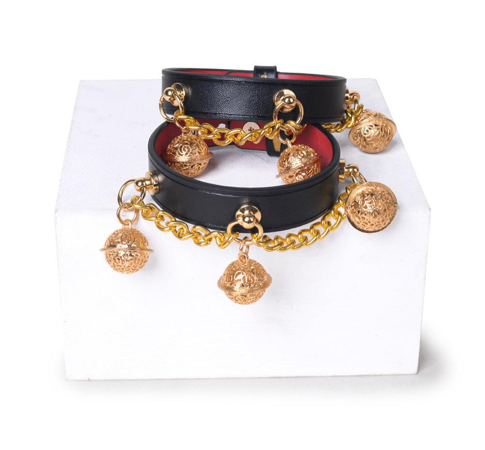 Pu Genuine Leather Cowhide Bell Collar Traction Choker Neck Strap, Handcuffs, Ankle Cuffs - KB052