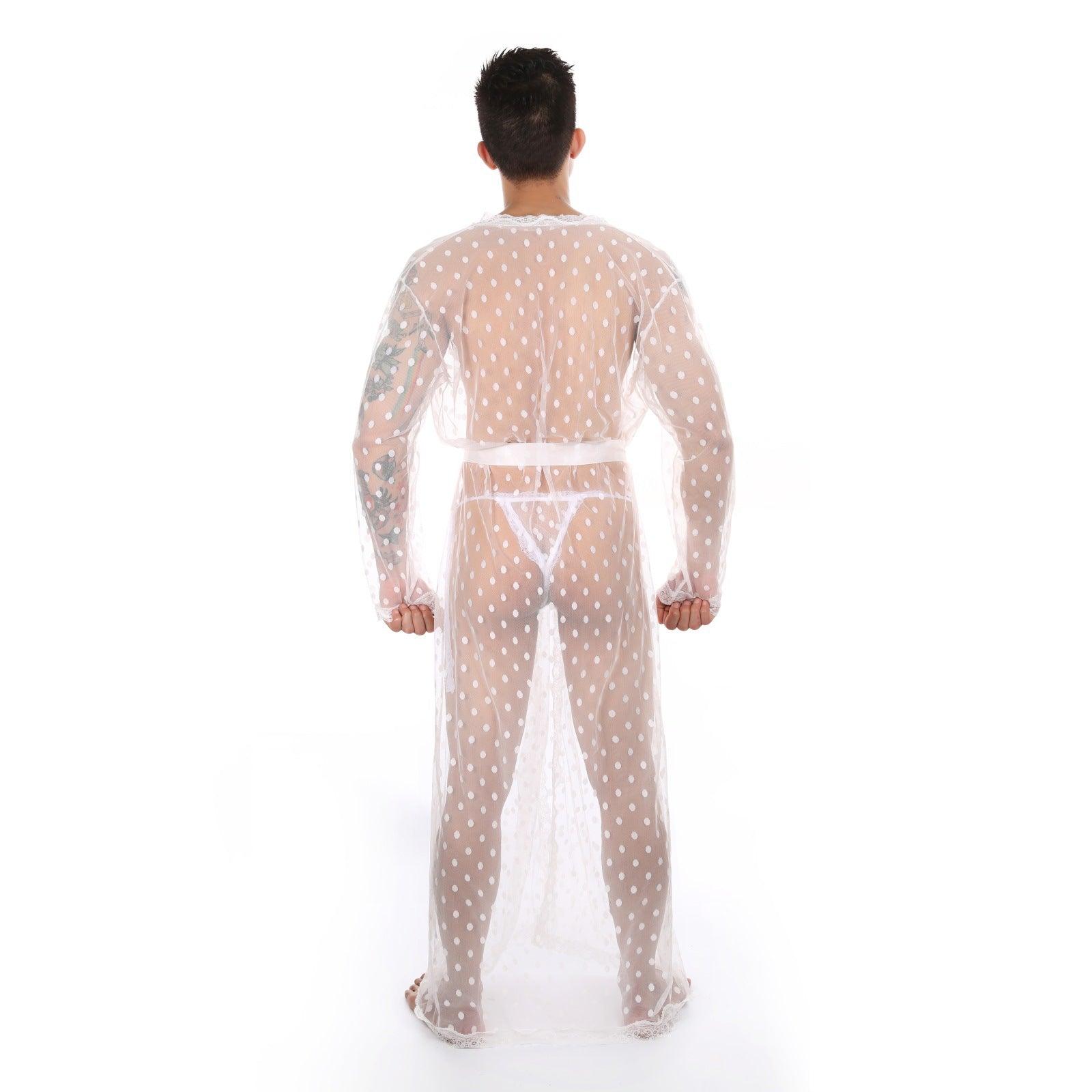 Men's Polka Dot Long See Through Lace Bathrobe - QQNY005 - YDressup