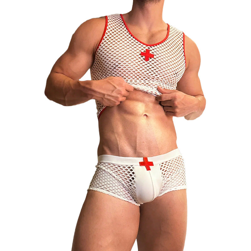 Men's White Mesh Nurse Uniform Set - QQNY042