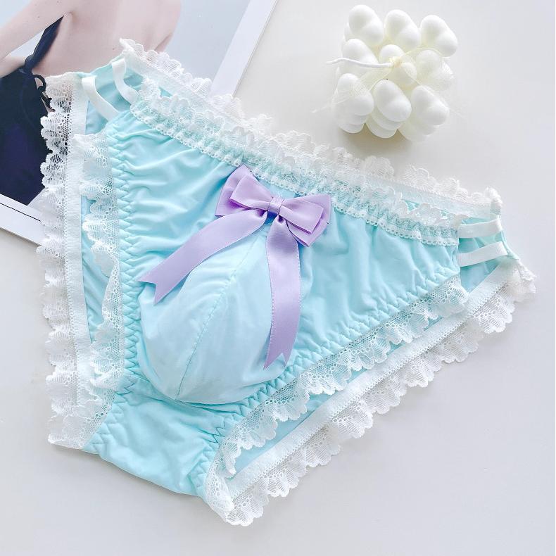 Cute Bow Satin Lace Trim Femboy Panties - FU001