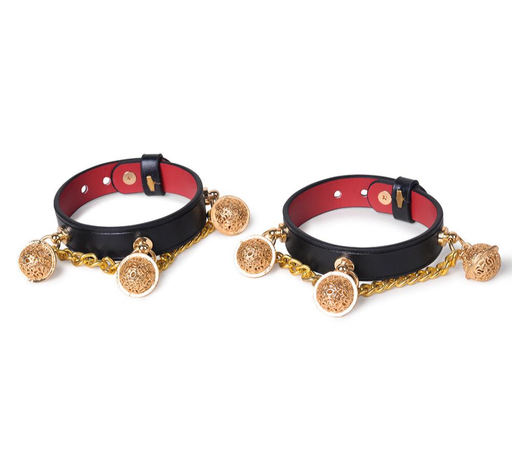 Pu Genuine Leather Cowhide Bell Collar Traction Choker Neck Strap, Handcuffs, Ankle Cuffs - KB052