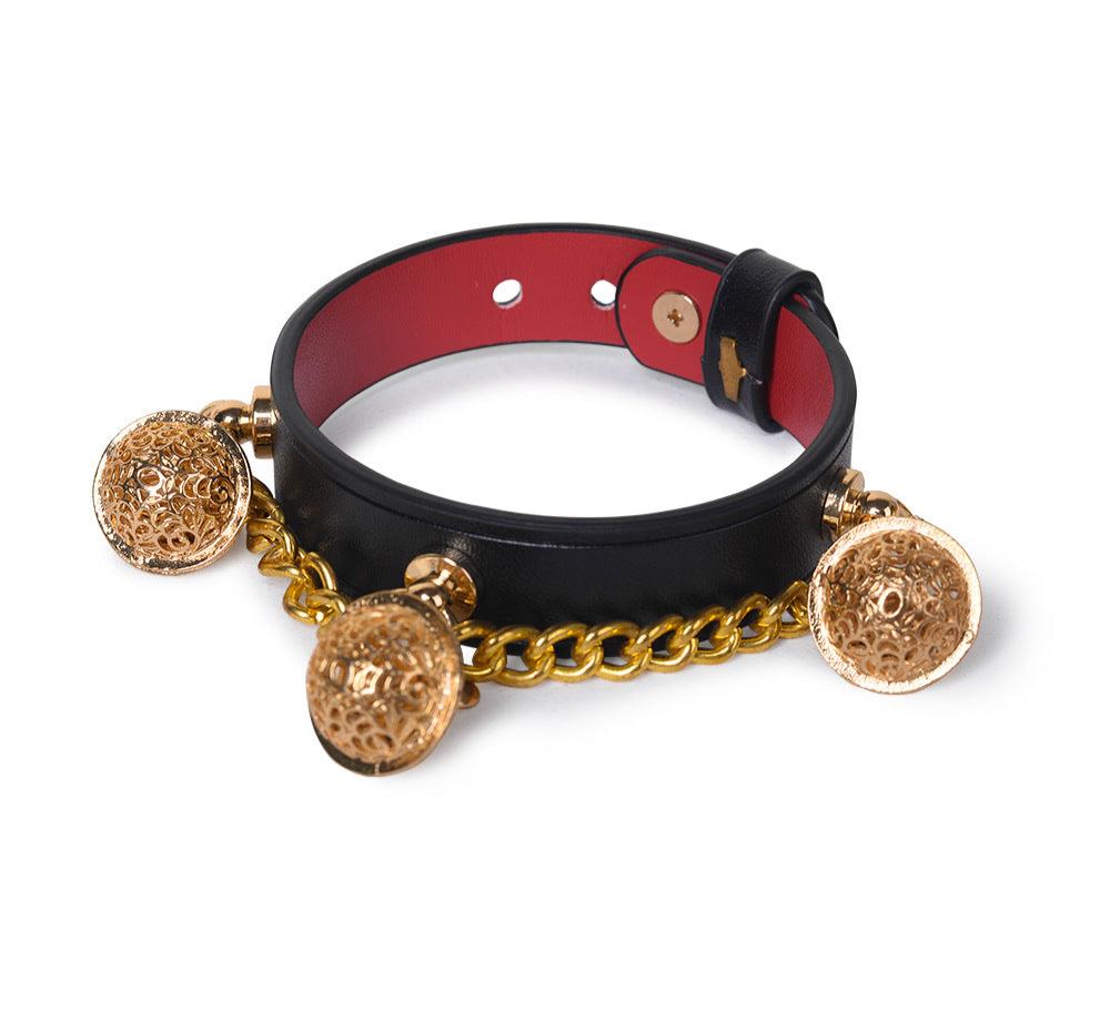 Pu Genuine Leather Cowhide Bell Collar Traction Choker Neck Strap, Handcuffs, Ankle Cuffs - KB052