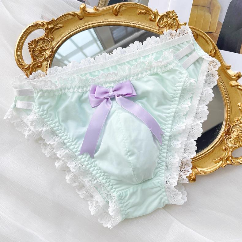 Cute Bow Satin Lace Trim Femboy Panties - FU001