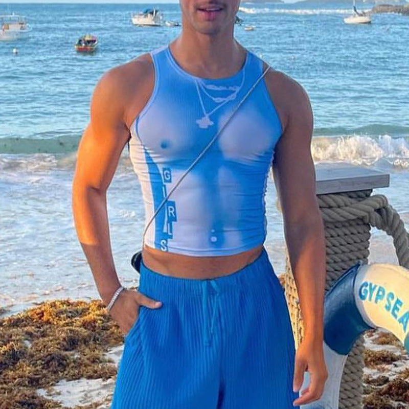 Men's Nightclub Fashion Printed Sleeveless O Neck Straps Short Vest - TT005 - YDressup