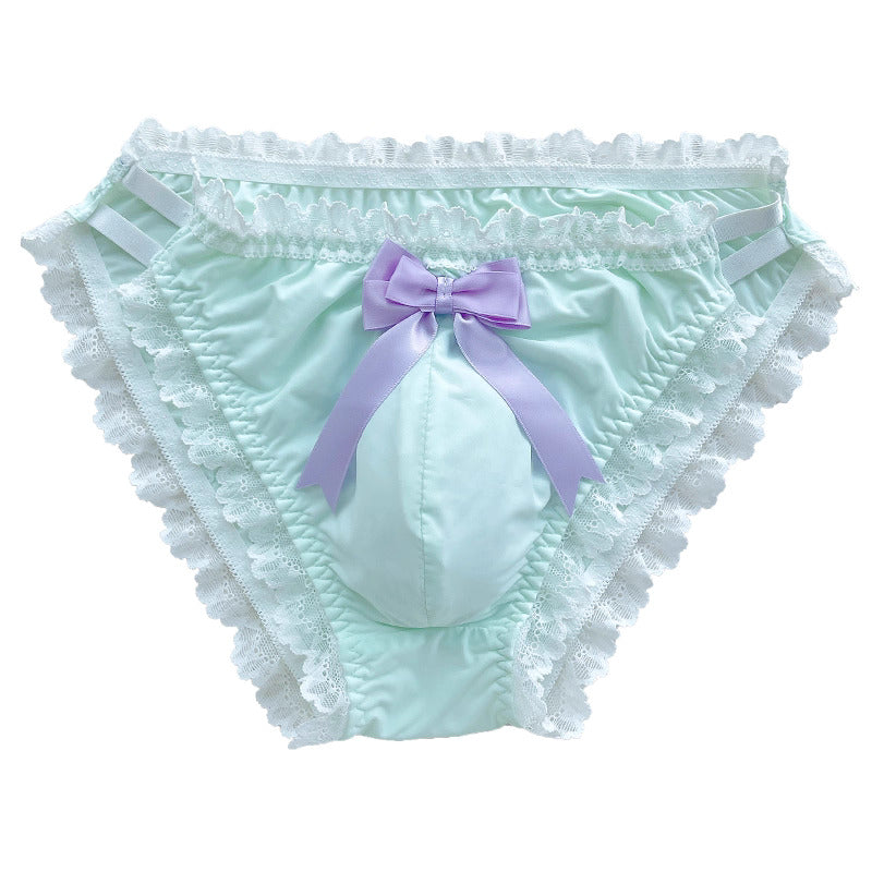Cute Bow Satin Lace Trim Femboy Panties - FU001