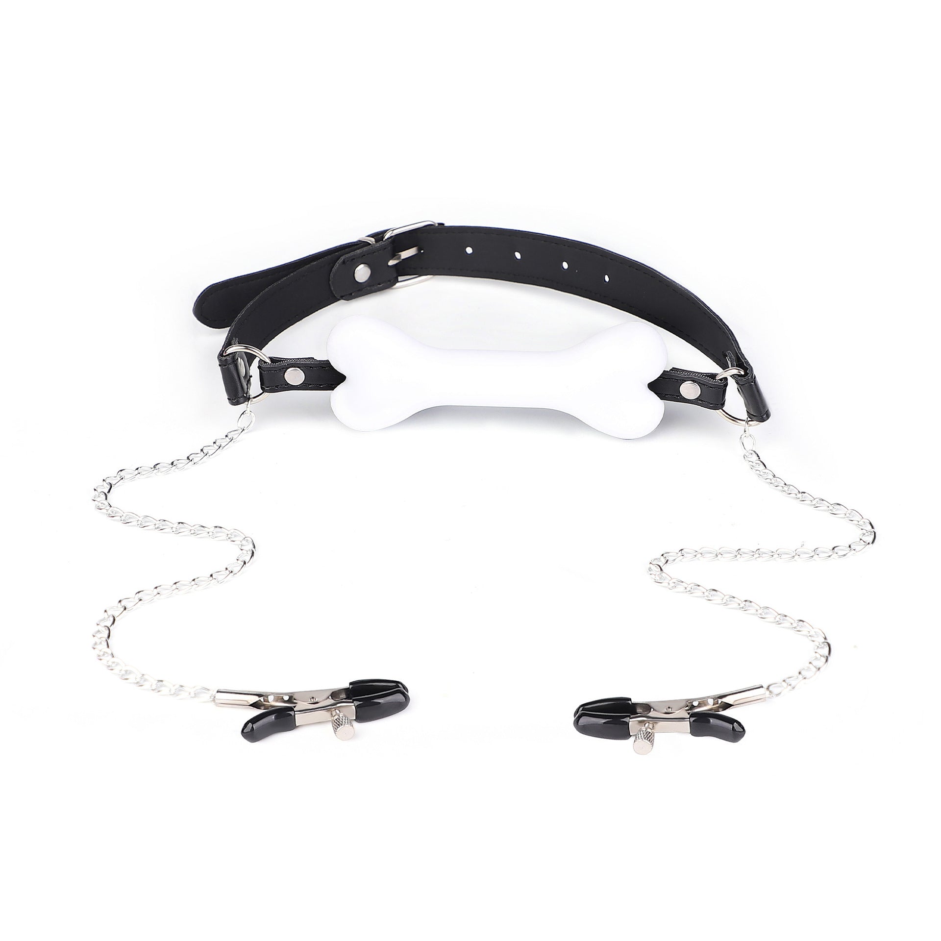 Silicone Bone Mouth Plug with Nipple Clamps for BDSM Play - PJ024