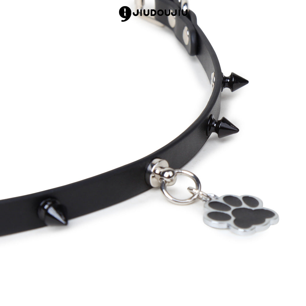 Punk Style Leather BDSM Collar with Studded Dog Paw Tag & Leash - PJ011