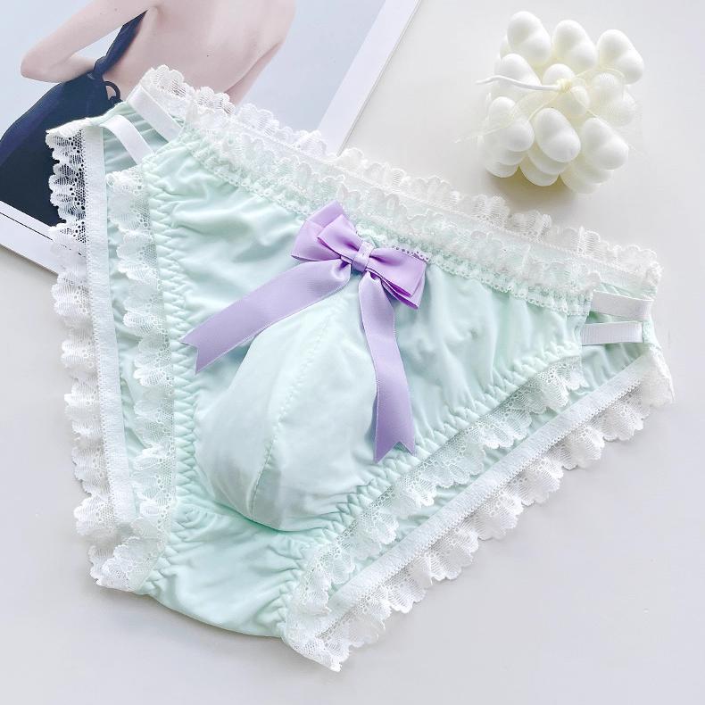Cute Bow Satin Lace Trim Femboy Panties - FU001