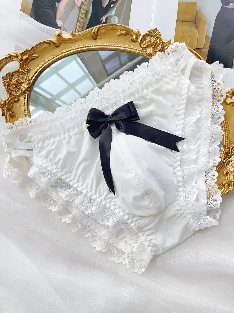 Cute Bow Satin Lace Trim Femboy Panties - FU001